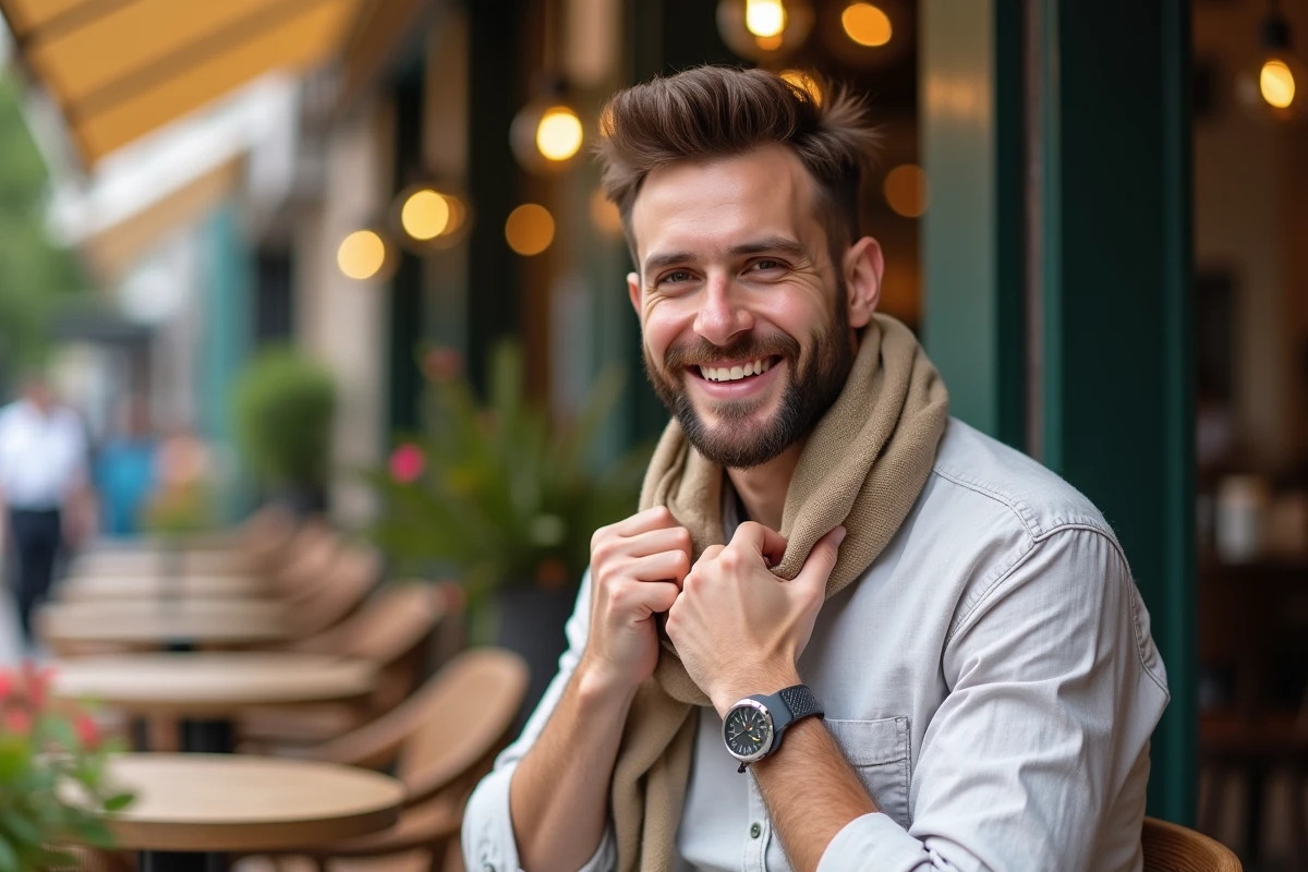 Homme souriant en chemise pastel dans un café en extérieur