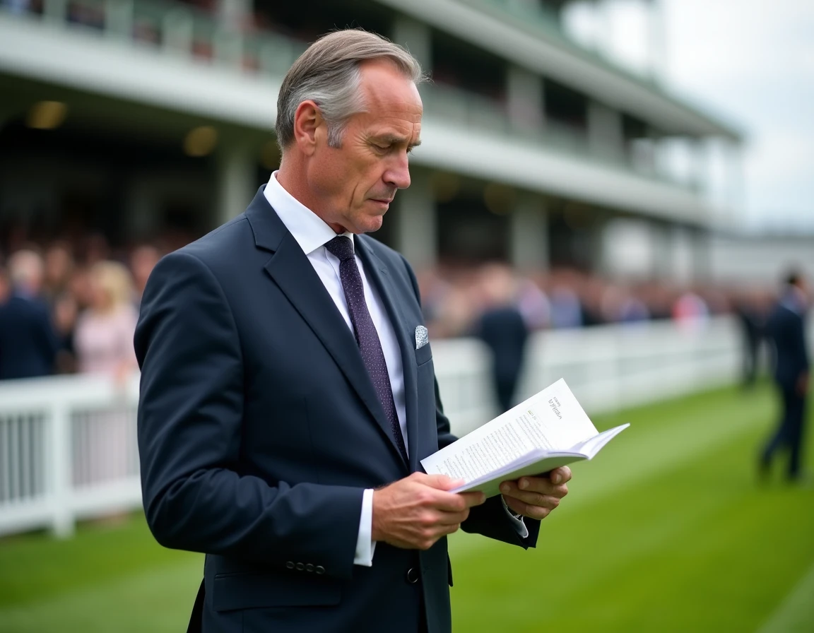 Homme en costume élégant consultant un programme de courses dans l'espace paddock d'un hippodrome prestigieux