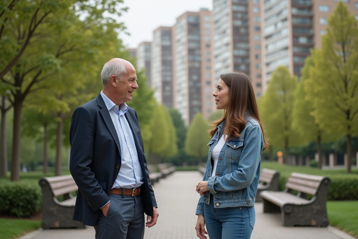 Homme et femme discutant dans un parc urbain pour un échange immobilier