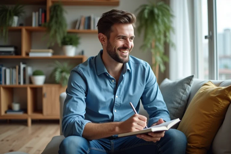 Homme en bleu journalisant dans un salon moderne