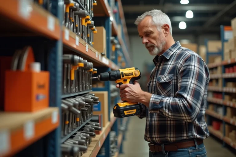 Homme d'âge moyen choisissant une perceuse sans fil dans un magasin d'outillage