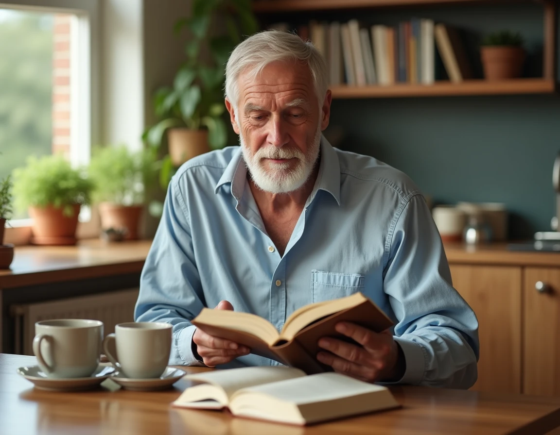 Homme de 70 ans lisant un livre et buvant du thé dans une cuisine chaleureuse, illustration d'une retraite épanouie