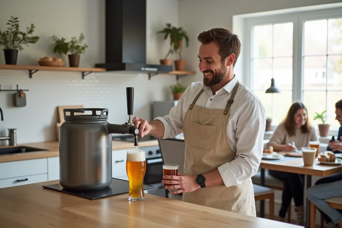 Homme versant du panaché depuis un fût 5L lors d'une réunion entre amis dans une cuisine moderne et conviviale