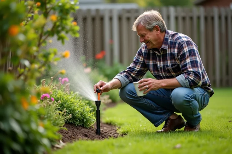 Homme d'âge moyen ajustant un arroseur dans le jardin
