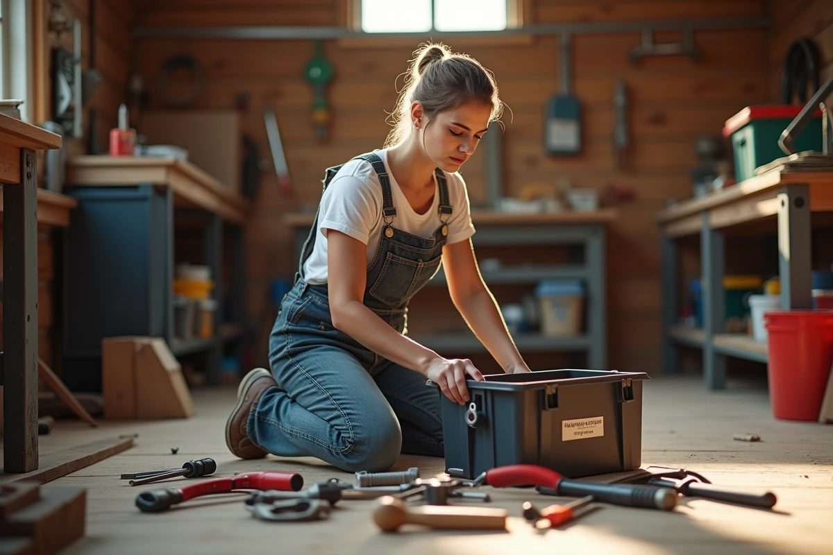 Jeune femme en tenue de travail ouvrant une boîte à outils dans un atelier