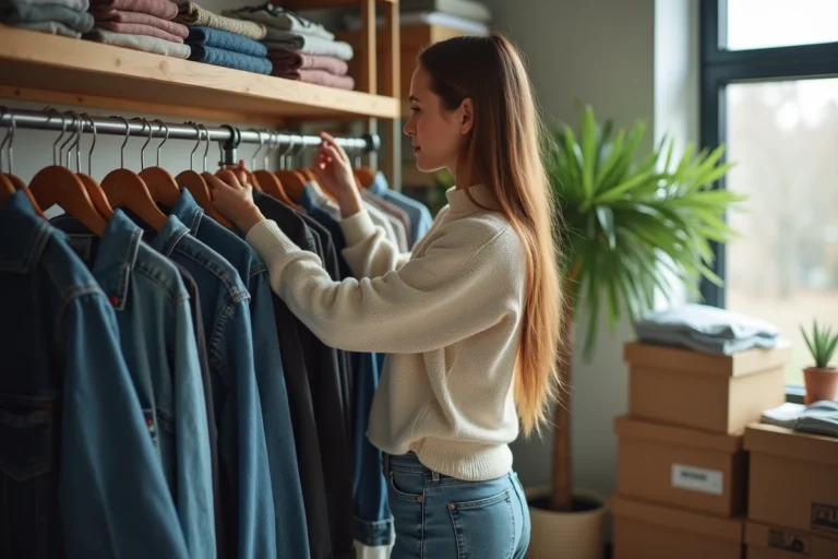 Jeune femme dans un appartement moderne avec vêtements vintage