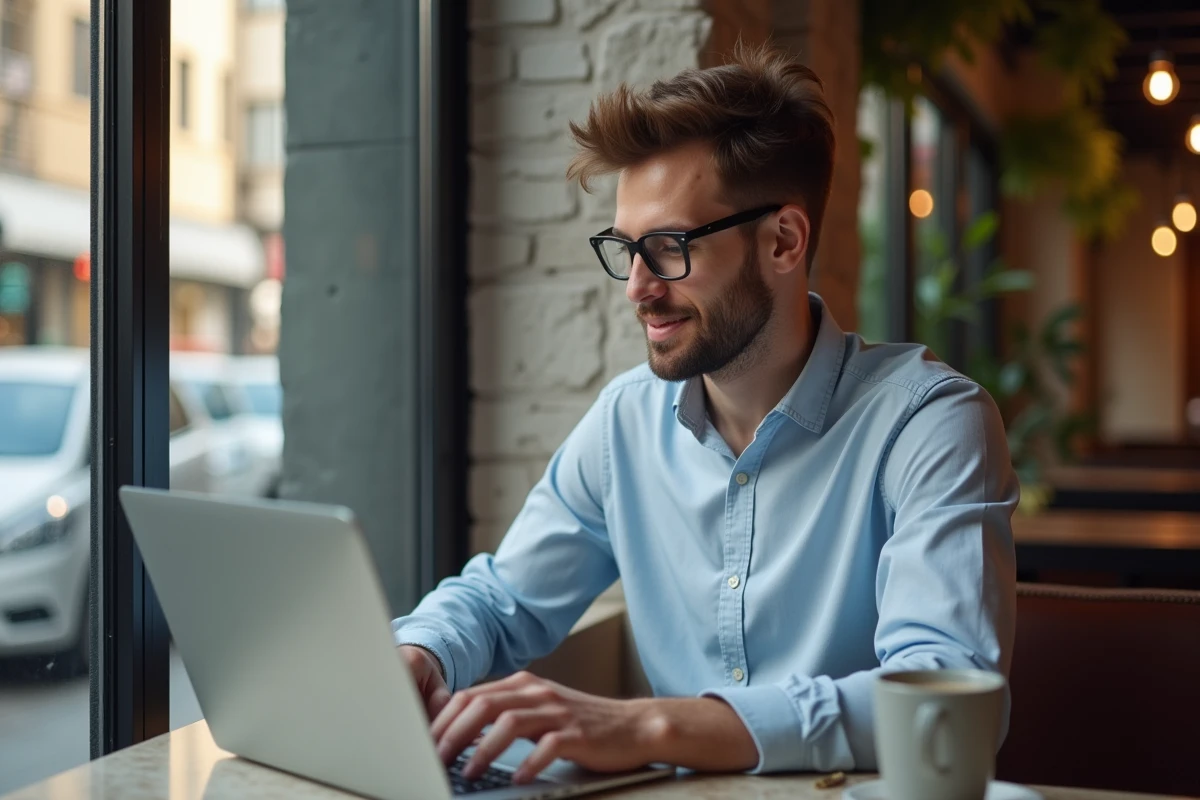 Jeune homme vérifiant un budget sur son ordinateur au café