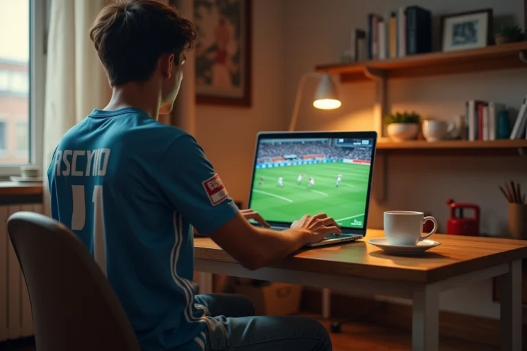 Jeune homme regardant un match de football sur son ordinateur