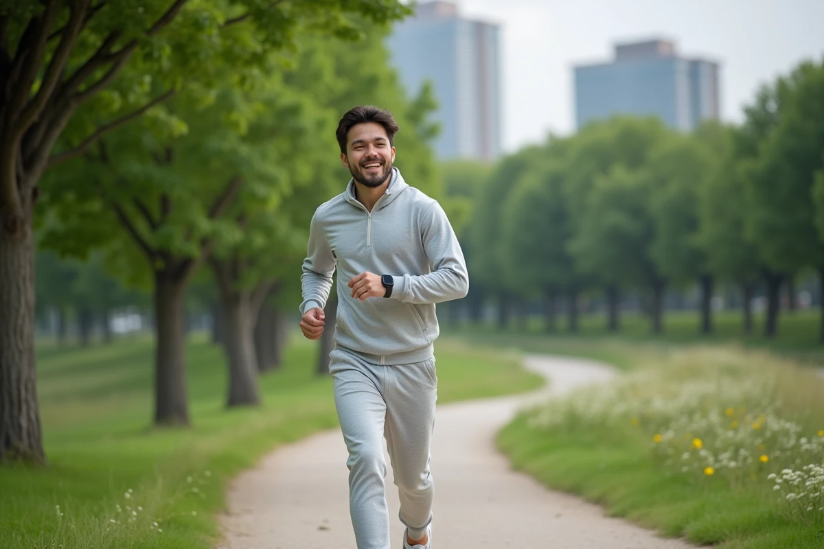 Jeune homme courant dans un parc urbain avec smartwatch