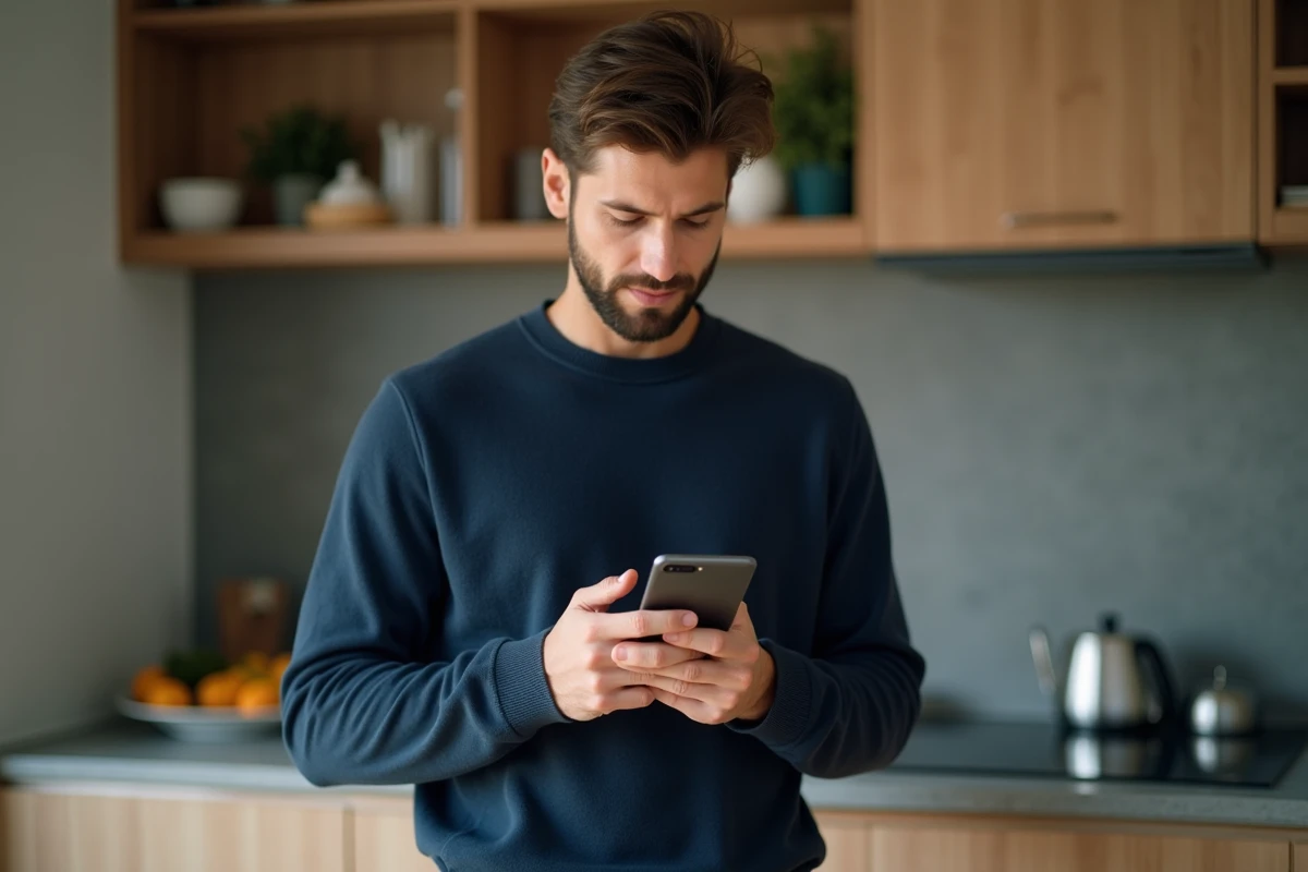 Jeune homme effectuant un paiement en ligne via smartphone dans un appartement moderne
