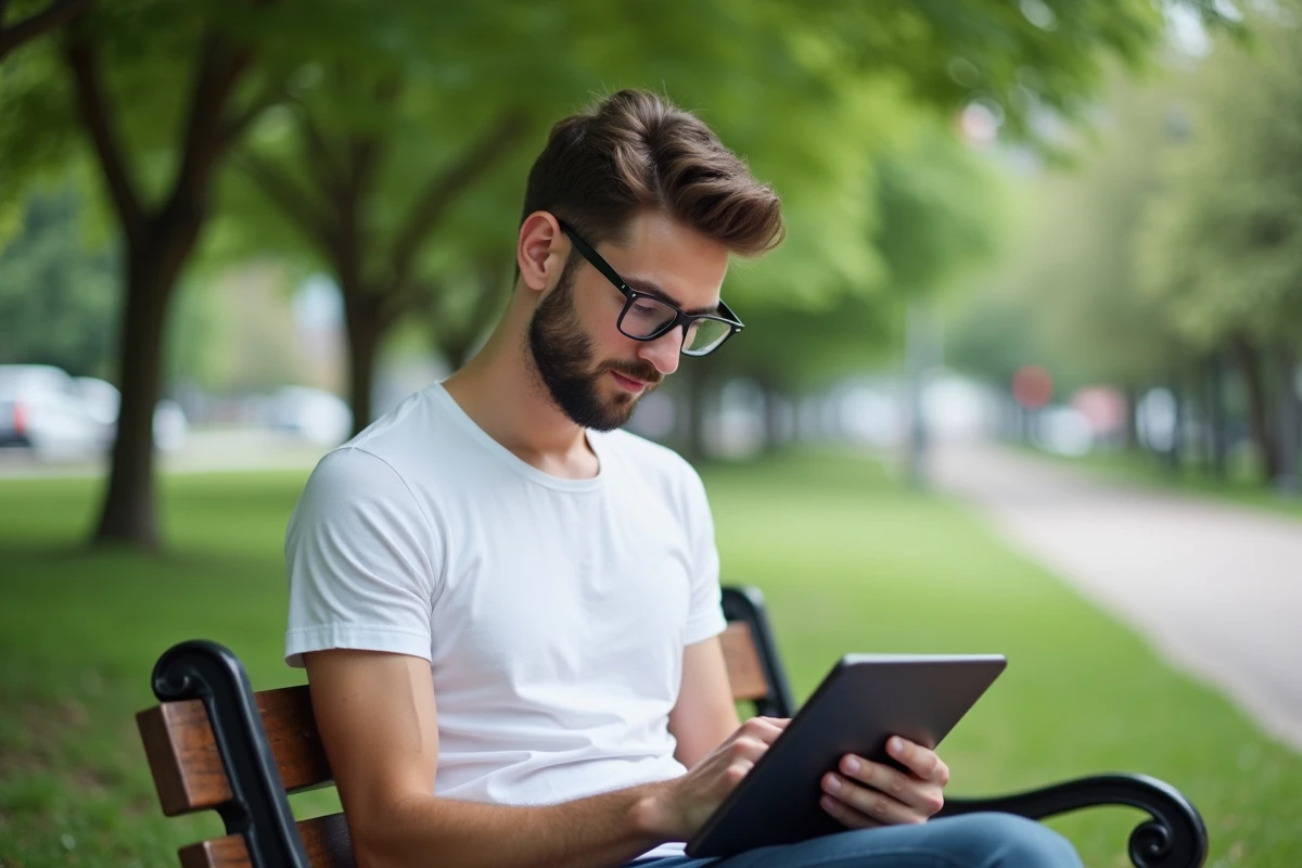 Jeune homme utilisant une tablette dans un parc