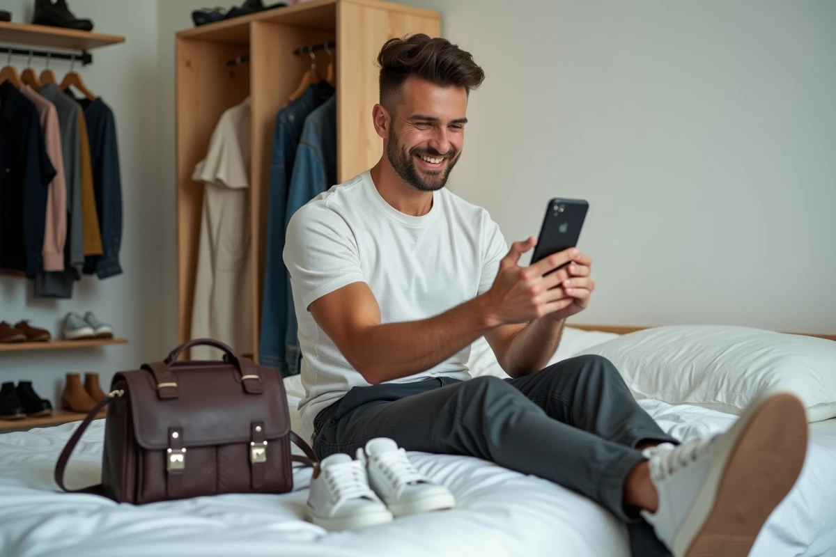 Jeune homme prenant en photo des sneakers et sac à main