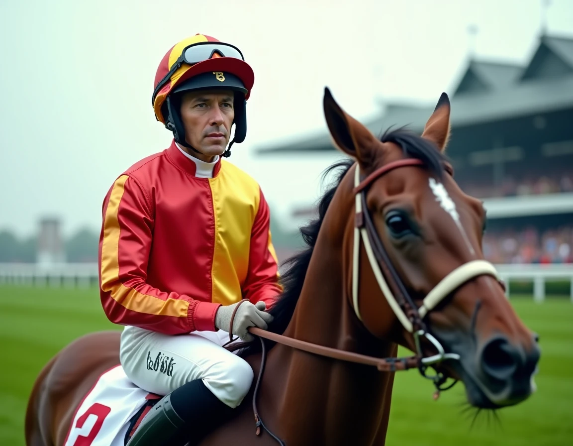 Jockey professionnel en tenue de course colorée sur un pur-sang à l'entrée des stalles de départ d'un hippodrome européen