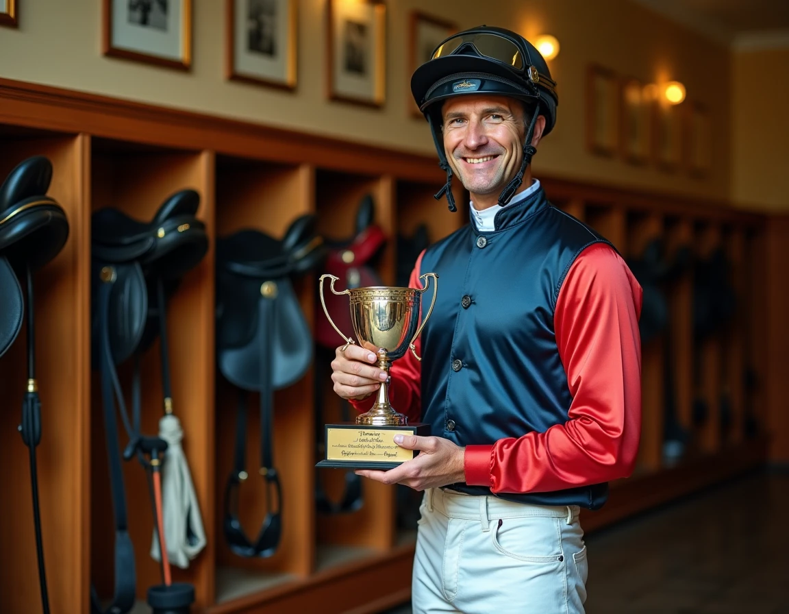 Jockey en tenue de course tenant un trophée dans la salle de pesage d'un hippodrome traditionnel
