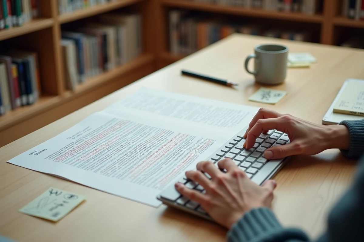 Mains d'un chercheur annotant un document imprimé contenant des séquences du code Sorlav sur un bureau de bibliothèque minimaliste