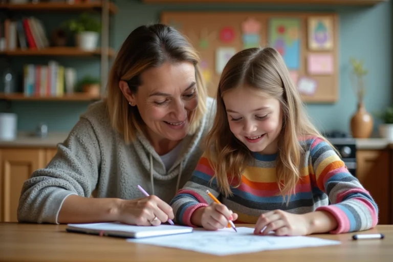 Maman et fille travaillant ensemble sur un projet scolaire