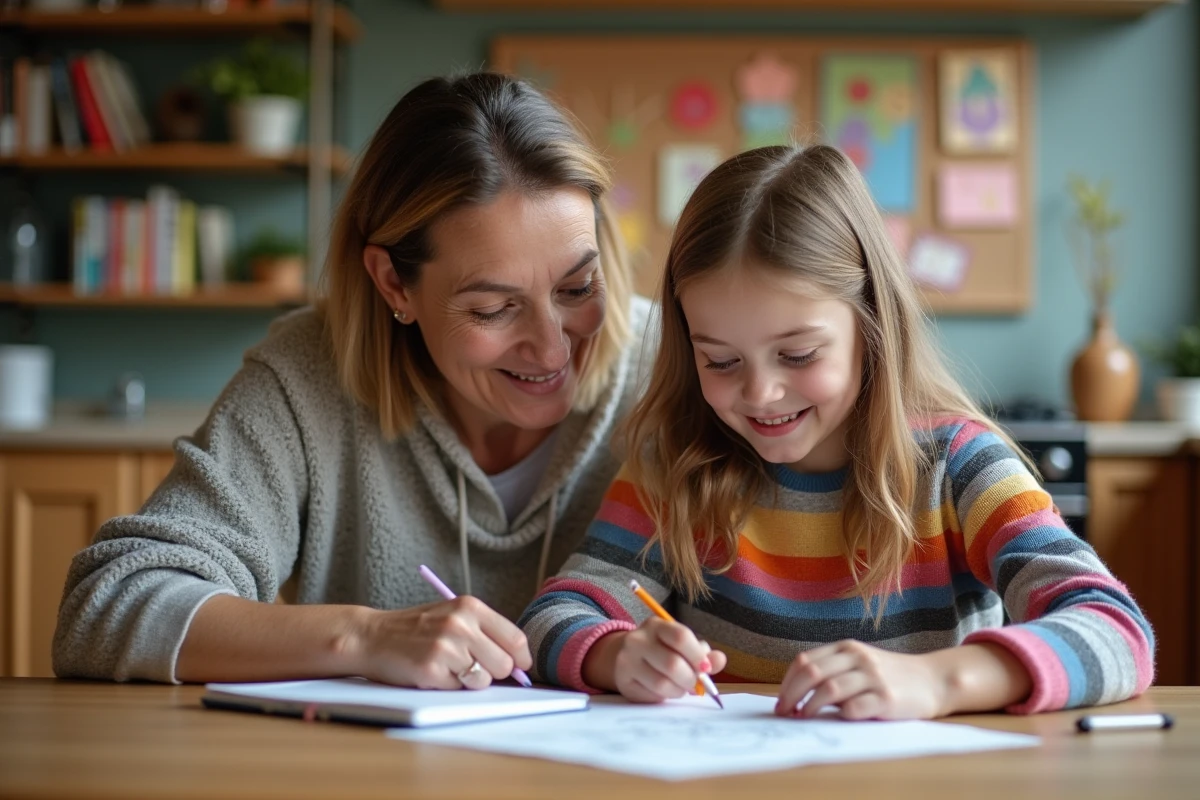 Maman et fille travaillant ensemble sur un projet scolaire