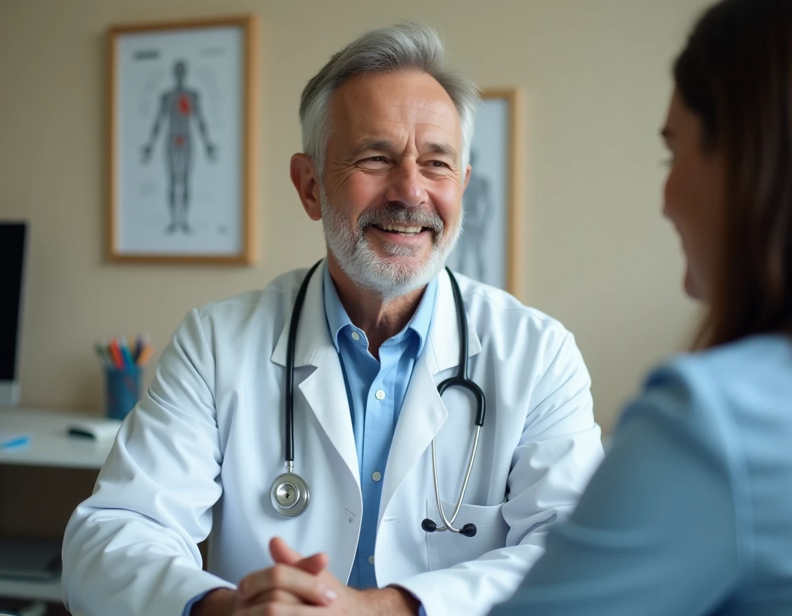 Médecin généraliste en consultation donnant un avis médical sur un complément hépatique