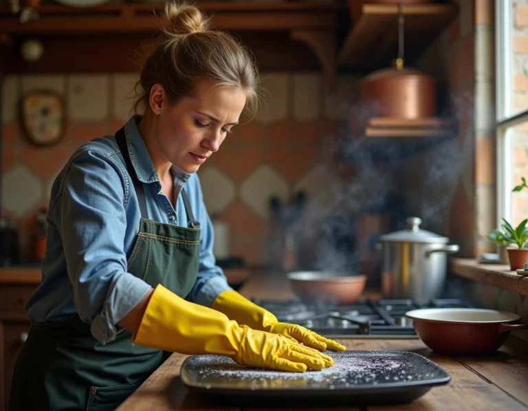 Femme nettoyant une plancha en fonte émaillée avec une éponge et des gants jaunes dans une cuisine rustique
