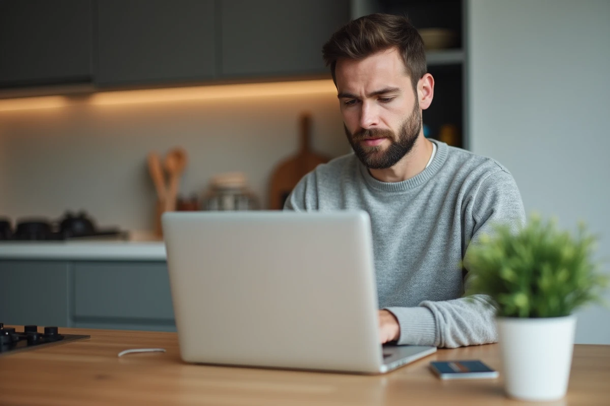 Homme effectuant un paiement en ligne sur ordinateur portable avec carte bancaire