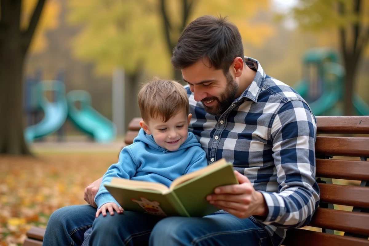 Père lisant un livre à son fils dans un parc en automne