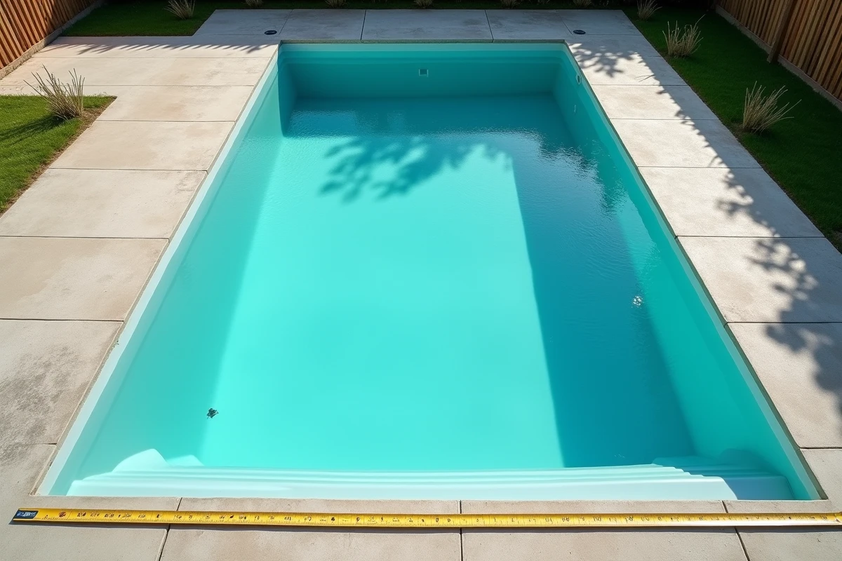 Vue en plongée d'une piscine enterrée rectangulaire avec mètre ruban pour évaluation fiscale dans un jardin résidentiel