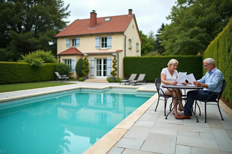 Propriétaires examinant des documents fiscaux près de leur piscine enterrée dans un jardin pavillonnaire français