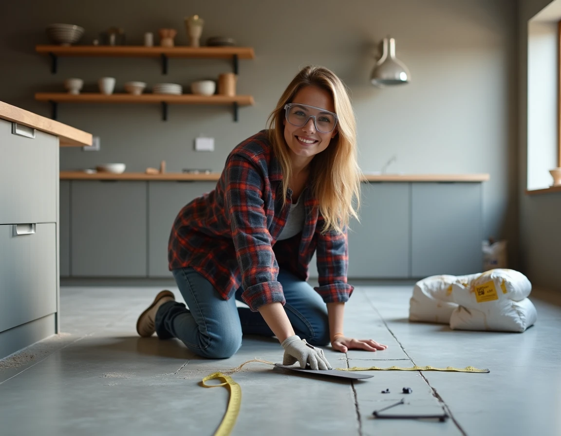 Femme posant des carrelages gris dans une cuisine en cours de rénovation avec outils et matériaux autour d'elle