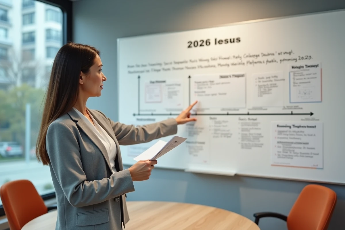Femme présentant un tableau de bord des prévisions 2026 pour les plateformes Tarbob et Bovrom en salle de réunion