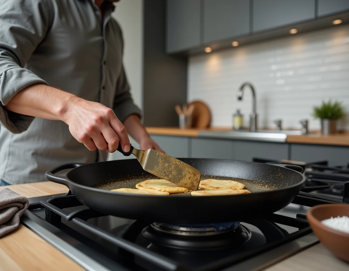 Homme raclant les résidus d'une plancha en fonte émaillée avec une spatule sur une cuisinière à gaz moderne