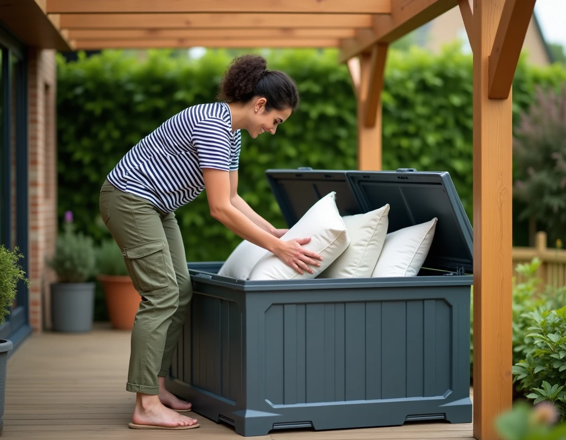 Femme rangeant des coussins de jardin dans un coffre de rangement extérieur pour les protéger du vent