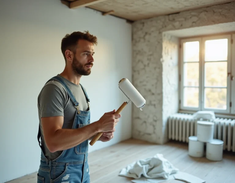 Homme en train de peindre un mur en blanc lors de travaux de rénovation intérieure d'un salon