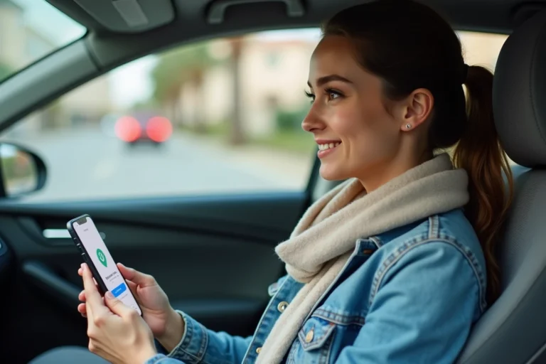 Femme confirmant une réservation Blablacar sur son smartphone dans une voiture
