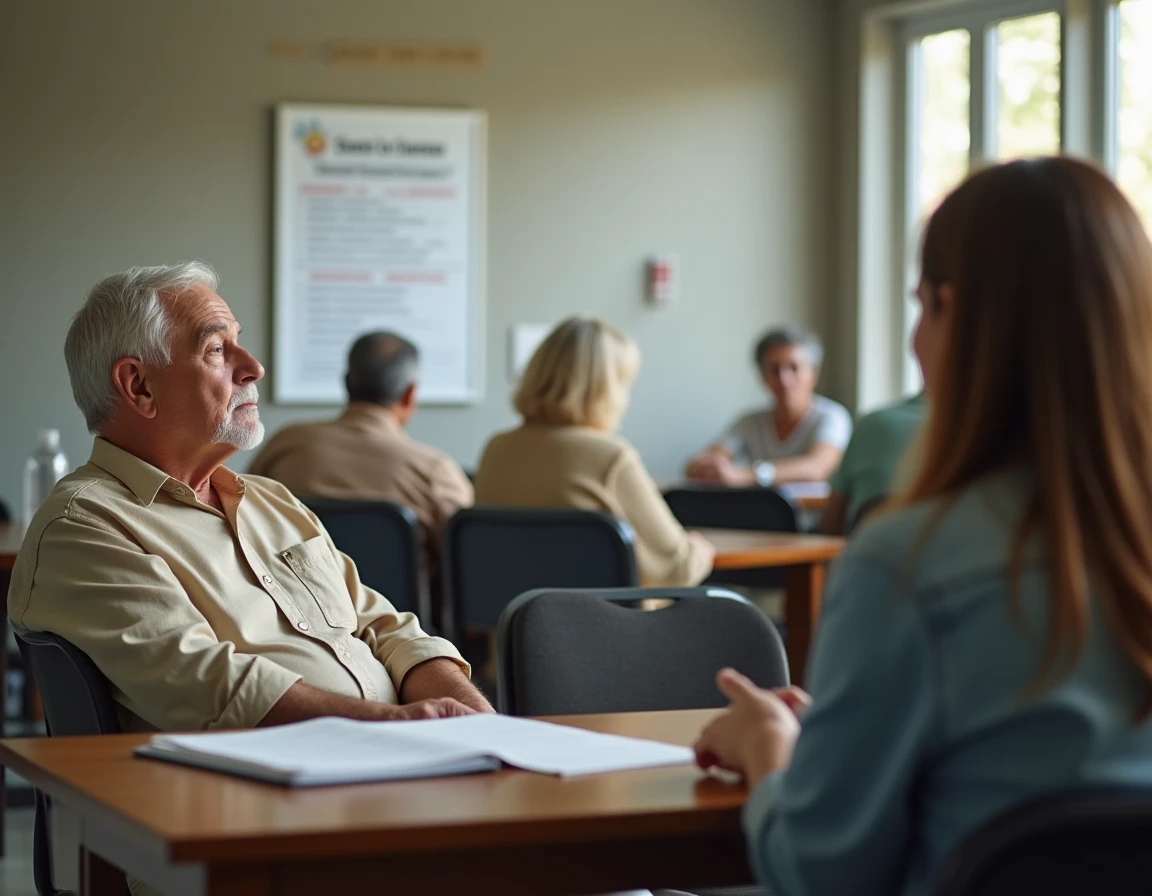 Un homme âgé consulte des ressources d'accompagnement pour seniors lors d'une réunion dans un centre communautaire