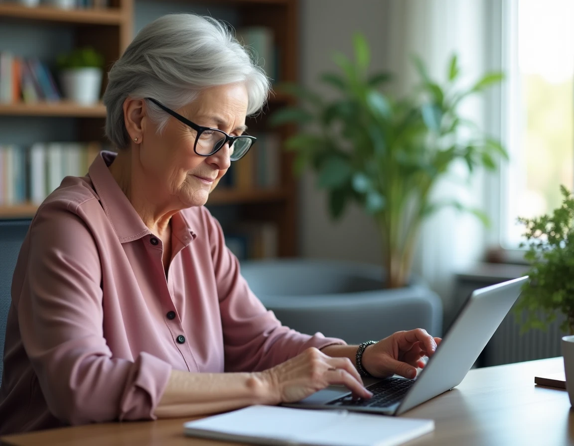 Une femme âgée recherche des ressources d'accompagnement pour seniors sur une tablette depuis son domicile