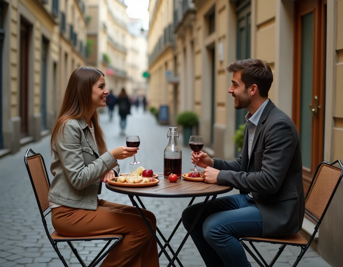 Deux amis partageant un repas en terrasse dans une rue pavée du Marais à Paris, atmosphère conviviale et authentique