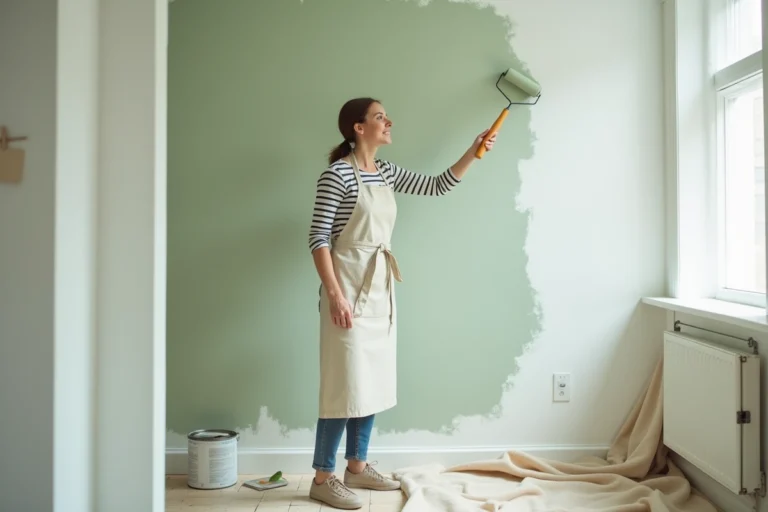Femme appliquant de la peinture vert sauge sur un mur de salon lors d'une rénovation intérieure moderne