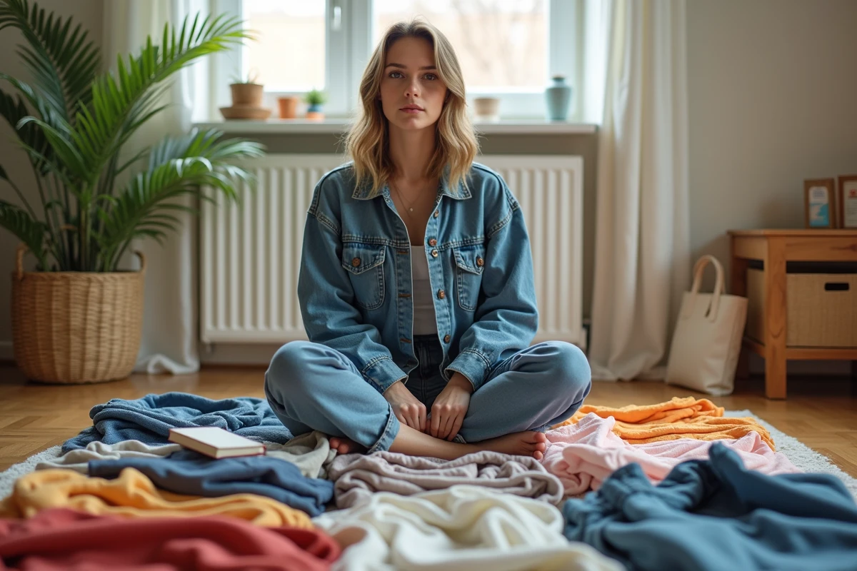 Jeune femme triant des vêtements de seconde main chez elle dans une démarche de consommation responsable