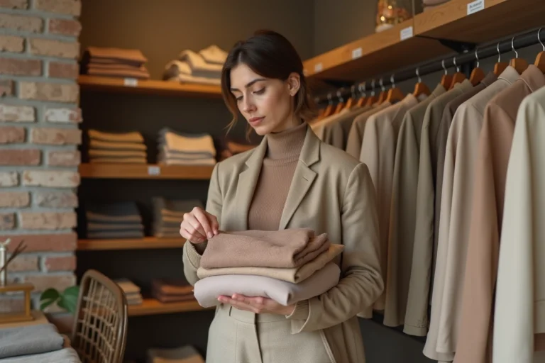 Femme inspectant l'étiquette d'un vêtement durable en coton biologique dans une boutique éco-responsable