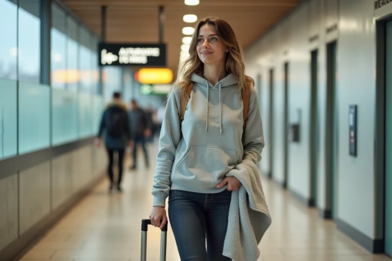 Voyageuse avec trousse de toilette se dirigeant vers les douches d'une aire d'autoroute moderne