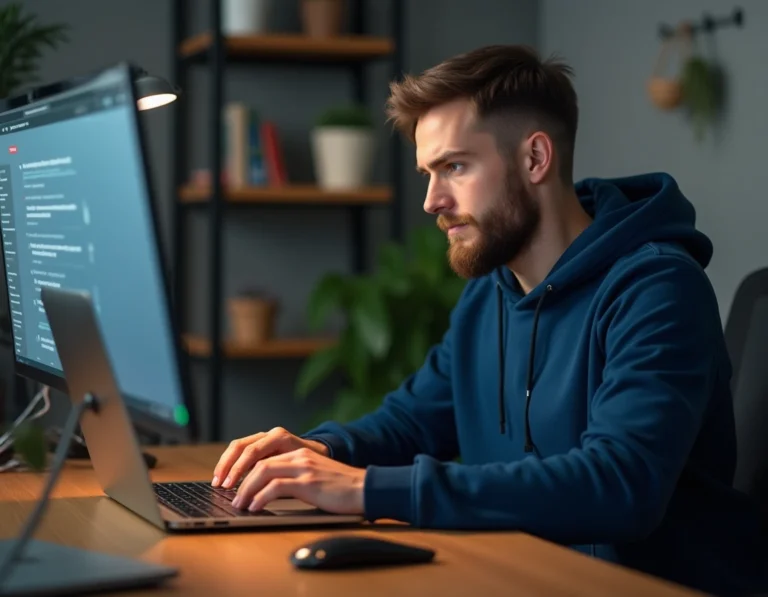 Homme utilisant un VPN sur son ordinateur portable pour accéder à internet en toute sécurité depuis son bureau à domicile